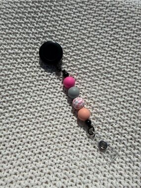 Pink & Peach Beaded Badge Reel - Cute Checker Accent